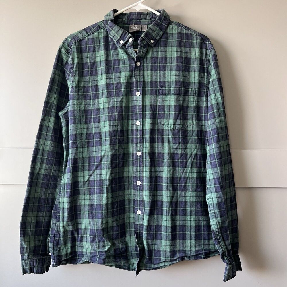 ASOS‎ Plaid Button Up Long Sleeve Slim Fit Shirt Mens Sz XL Navy Green Flannel